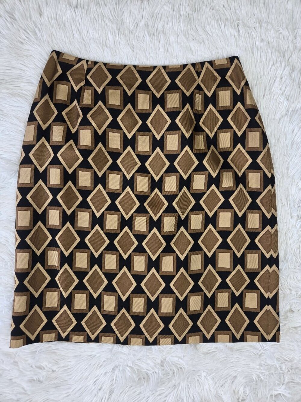 Ann Taylor 100% Silk Geometric Print Pencil Skirt Black Brown Tan Lined Back Zip